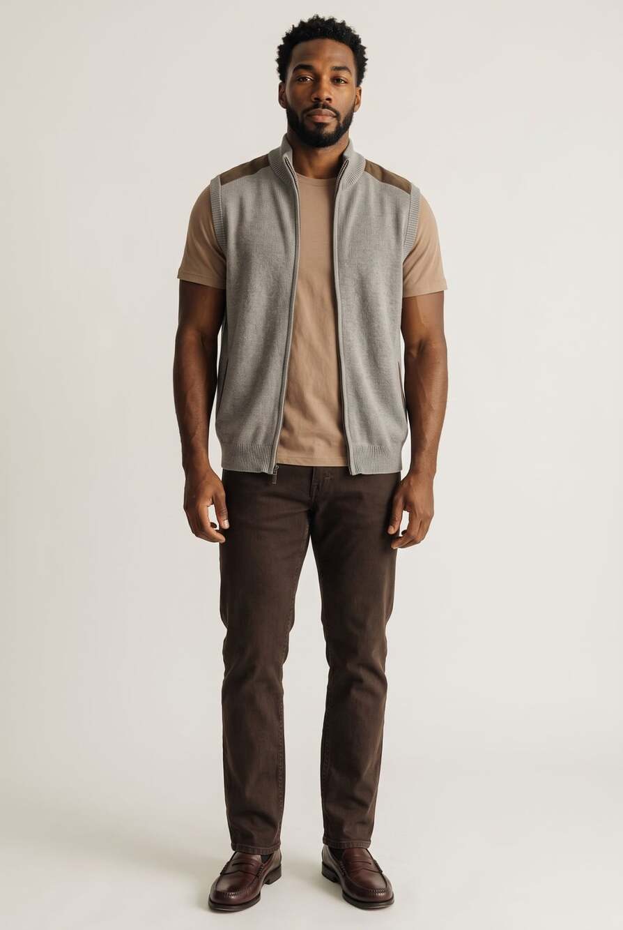 Chaps Full Zip Mock Neck Sweater Vest Grey Knit Suede Trim (XL)